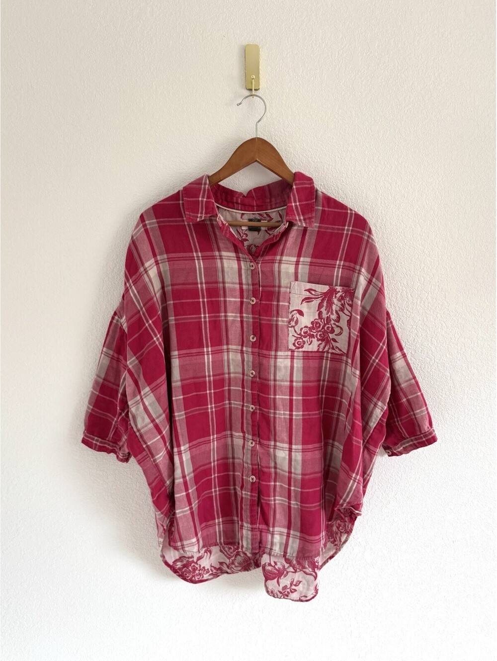 Pilcro Anthro Pink Floral Pocket Plaid Oversized Button Up Boyfriend Shirt Sz M